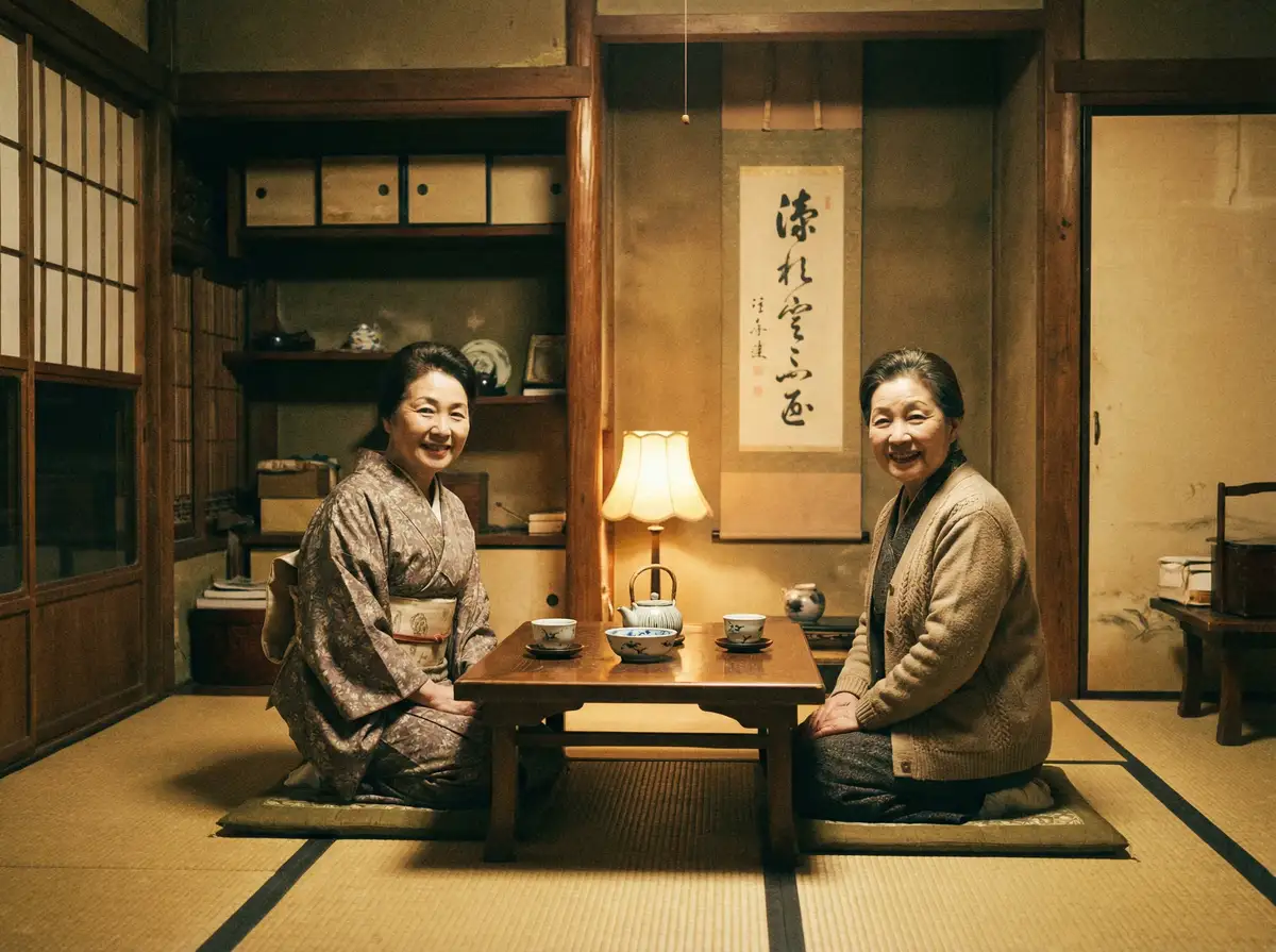 两位优雅的 靠逼软件 在日式茶室中品茶交谈